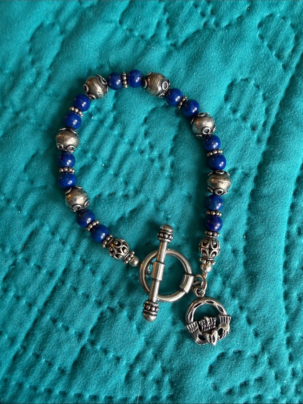 Handmade Sterling Silver and Lapis Lazuli Toggle Charm Bracelet 7.5”